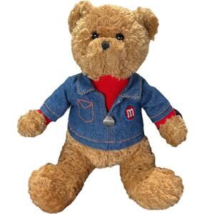 Galerie M&M’s Plush Stuffed Teddy Bear Denim Jacket Embroidered Logo 9” Brown